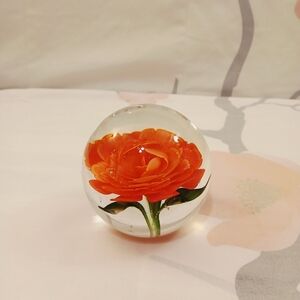 Source Unknown Orange Floral Glass Sphere Paperweight